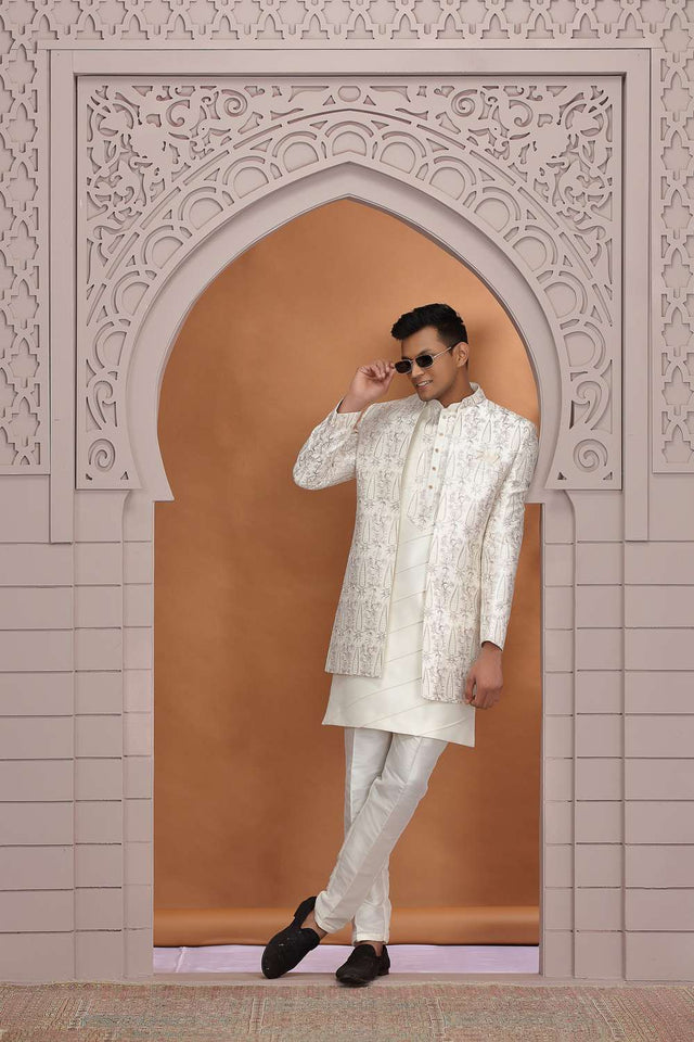 Men's Cream Embroidered Art Silk Sherwani Sets