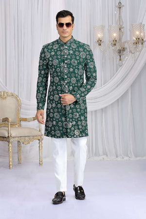 Men's Green Embroidered Art Silk Sherwani Sets
