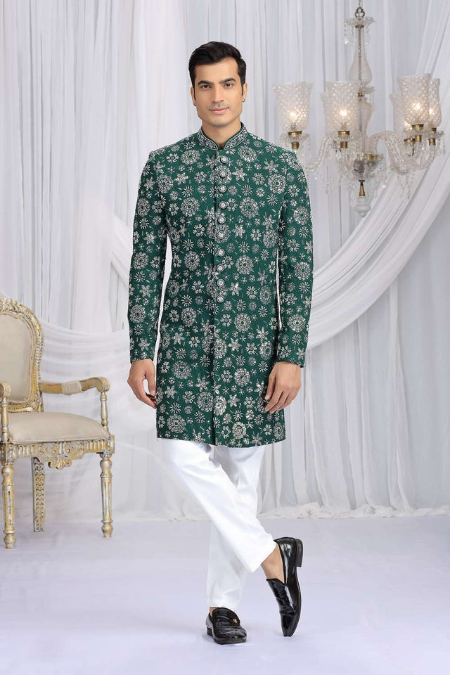 Men's Green Embroidered Art Silk Sherwani Sets