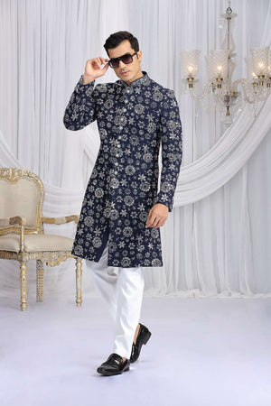 Men's Blue Embroidered Art Silk Sherwani Sets