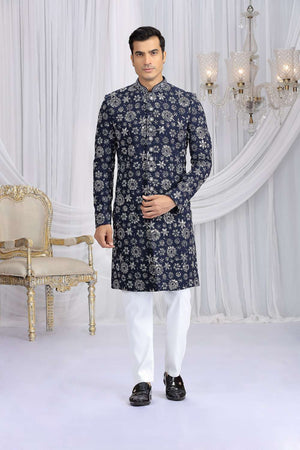 Men's Blue Embroidered Art Silk Sherwani Sets
