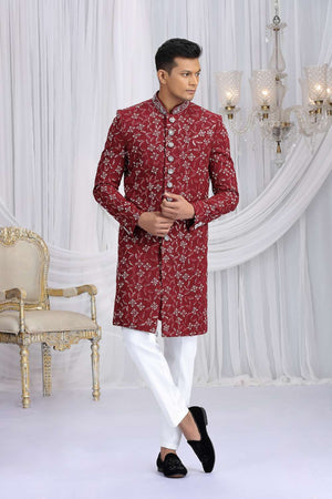 Men's Maroon Embroidered Art Silk Sherwani Sets