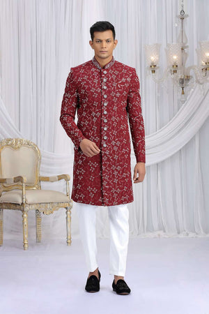 Men's Maroon Embroidered Art Silk Sherwani Sets