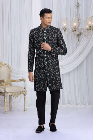 Men's Black Embroidered Art Silk Sherwani Sets
