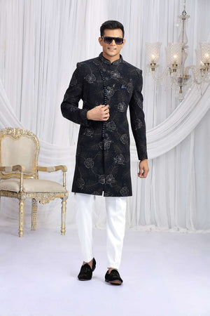 Men's Navy Blue Embroidered Art Silk Sherwani Sets