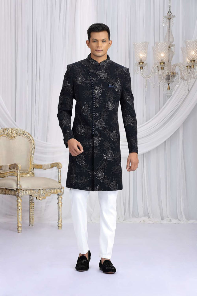 Men's Navy Blue Embroidered Art Silk Sherwani Sets