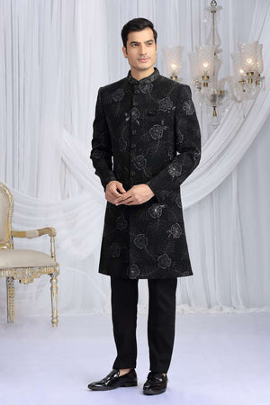 Men's Black Embroidered Art Silk Sherwani Sets