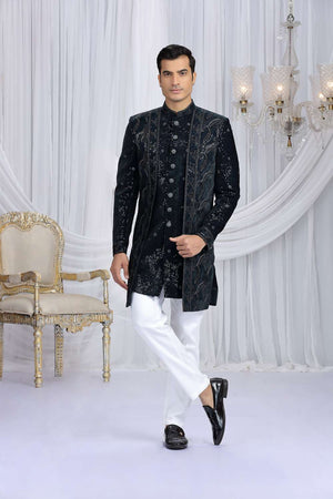 Men's Green Sequin Silk With Velvet Jacket Sherwani Sets