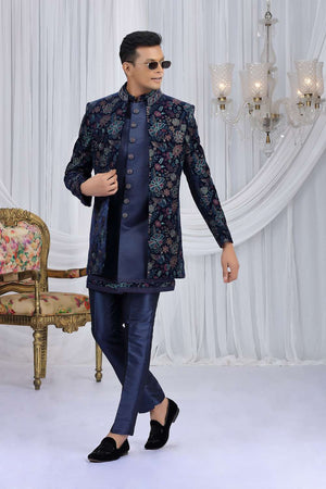 Men's Navy Blue Embroidered Silk With Velvet Jacket Sherwani Sets