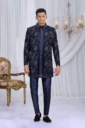 Men's Navy Blue Embroidered Silk With Velvet Jacket Sherwani Sets