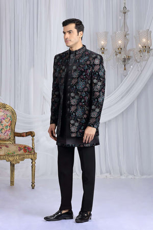 Men's Black Embroidered Silk With Velvet Jacket Sherwani Sets