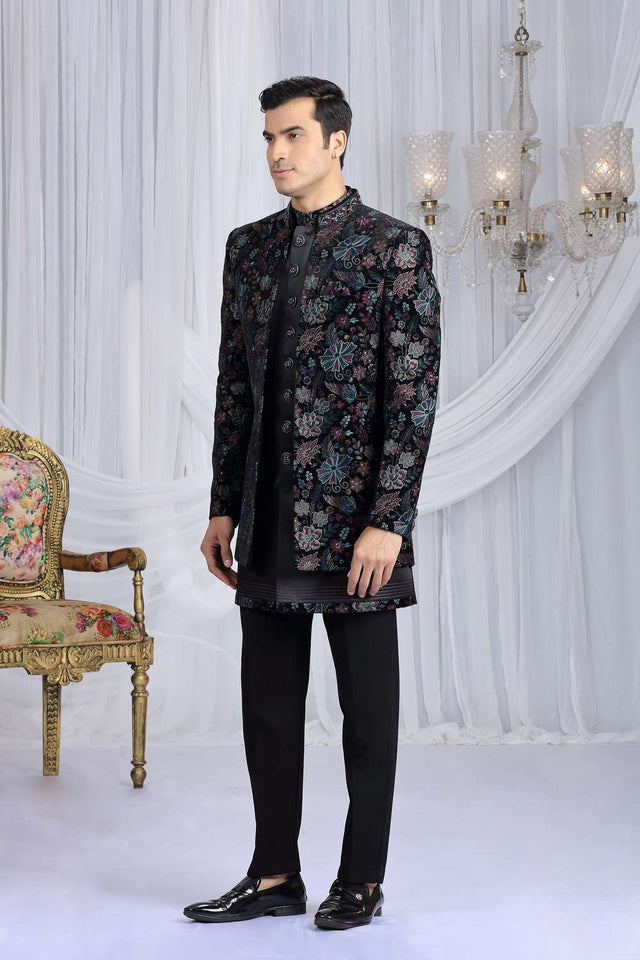 Men's Black Embroidered Silk With Velvet Jacket Sherwani Sets