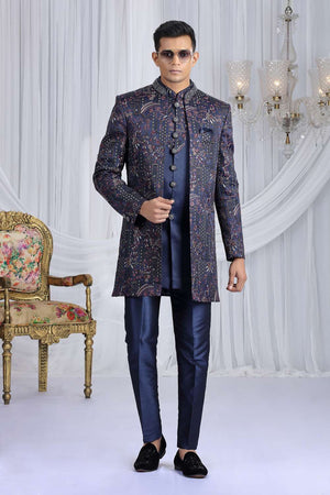Men's Navy Blue Embroidered Art Silk Sherwani Sets