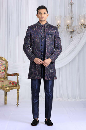 Men's Navy Blue Embroidered Art Silk Sherwani Sets