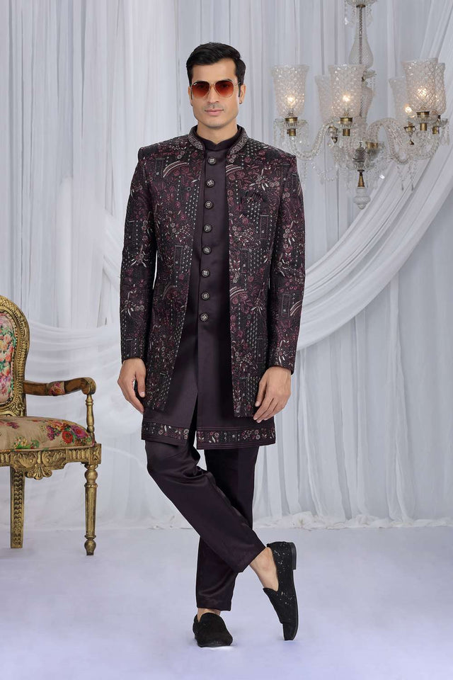 Men's Wine Embroidered Art Silk Sherwani Sets