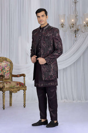 Men's Wine Embroidered Art Silk Sherwani Sets