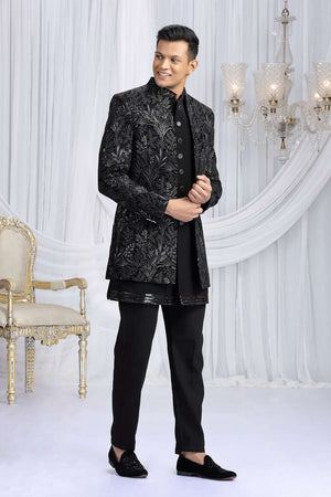 Men's Black Embroidered Silk With Velvet Jacket Sherwani Sets