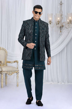 Men's Green Embroidered Silk With Velvet Jacket Sherwani Sets