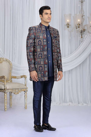 Men's Navy Blue Embroidered Art Silk Sherwani Sets