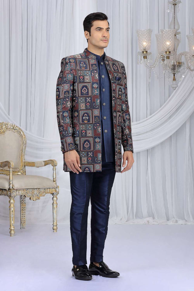 Men's Navy Blue Embroidered Art Silk Sherwani Sets