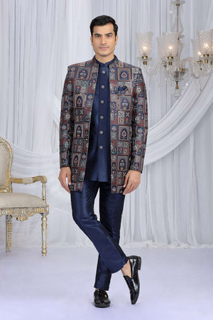 Men's Navy Blue Embroidered Art Silk Sherwani Sets