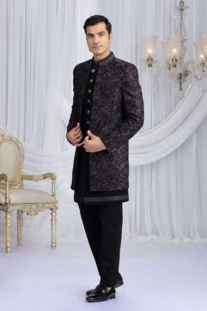 Men's Black Embroidered Silk With Velvet Jacket Sherwani Sets