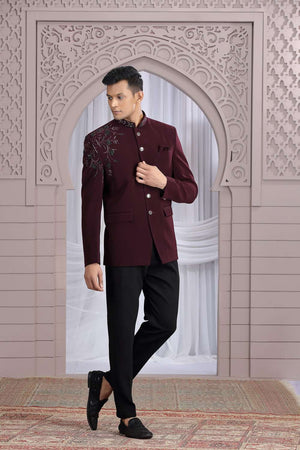 Men's Wine Embroidered Silk Jodhpuri (Jacket Only)