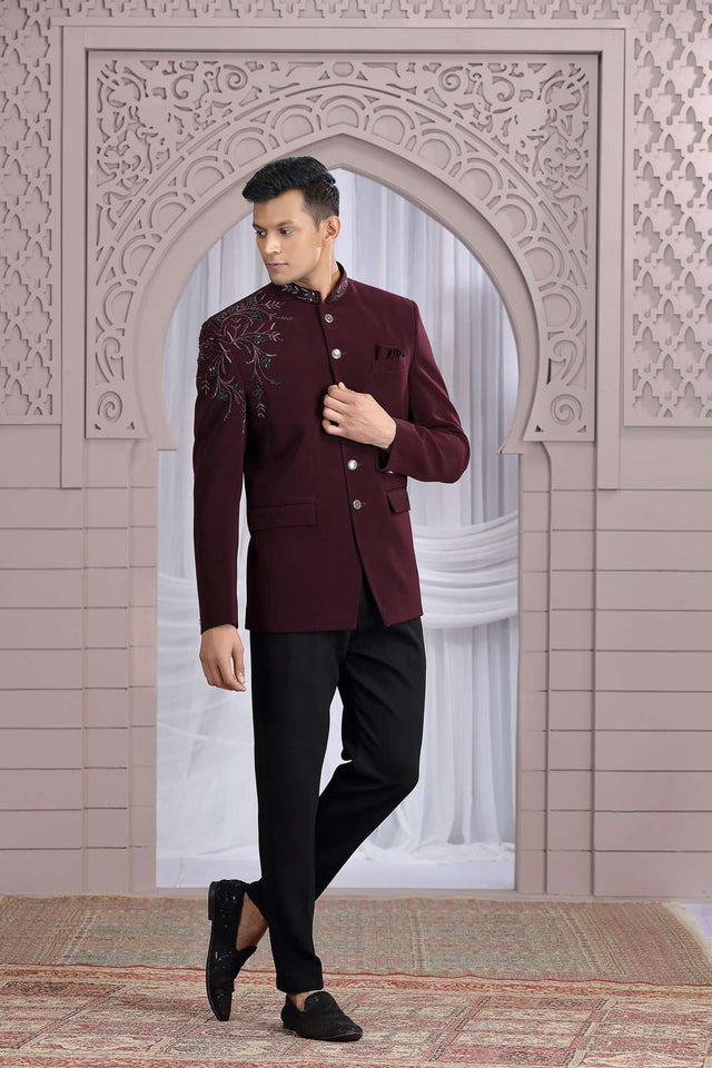 Men's Wine Embroidered Silk Jodhpuri (Jacket Only)