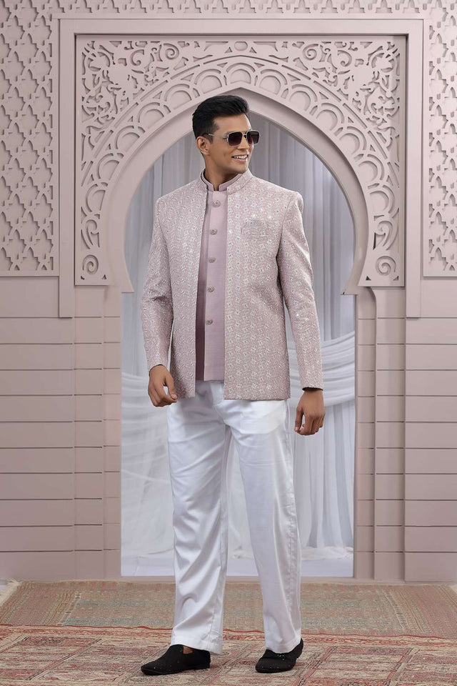 Men's Pink Embroidered Art Silk Jodhpuri (Jacket Only)