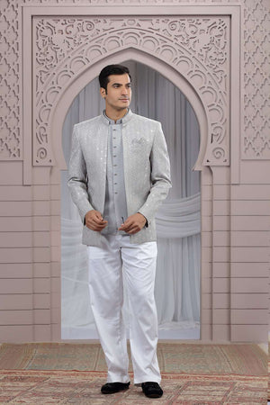 Men's Grey Embroidered Art Silk Jodhpuri (Jacket Only)