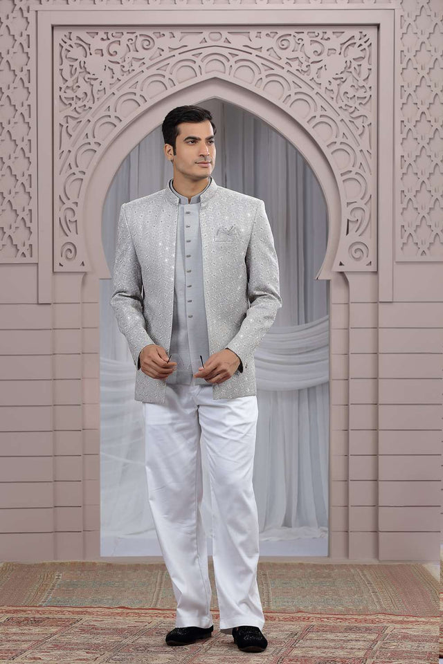 Men's Grey Embroidered Art Silk Jodhpuri (Jacket Only)