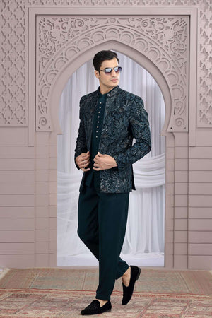 Men's Green Embroidered Velvet Jodhpuri (Jacket Only)