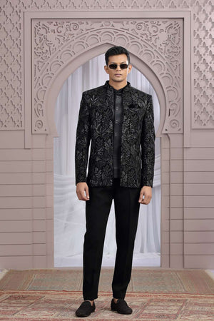 Men's Black Embroidered Velvet Jodhpuri (Jacket Only)