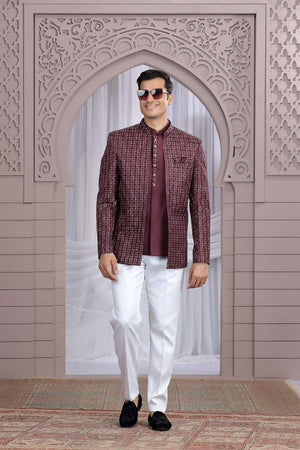 Men's Wine Embroidered Art Silk Jodhpuri (Jacket Only)