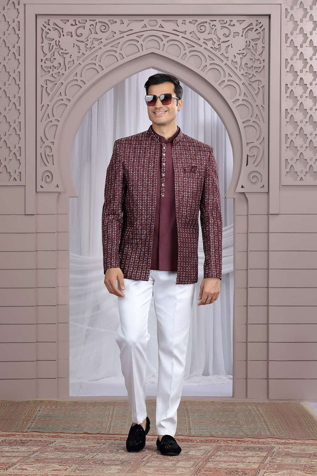 Men's Wine Embroidered Art Silk Jodhpuri (Jacket Only)