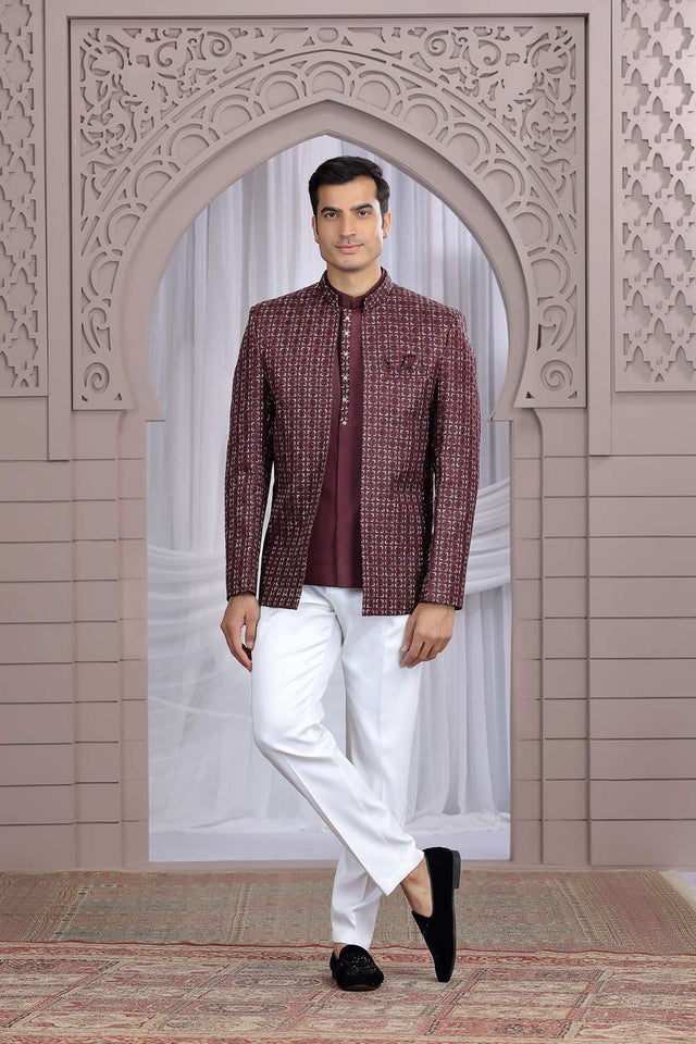 Men's Wine Embroidered Art Silk Jodhpuri (Jacket Only)