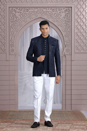 Men's Navy Blue Embroidered Art Silk Jodhpuri (Jacket Only)
