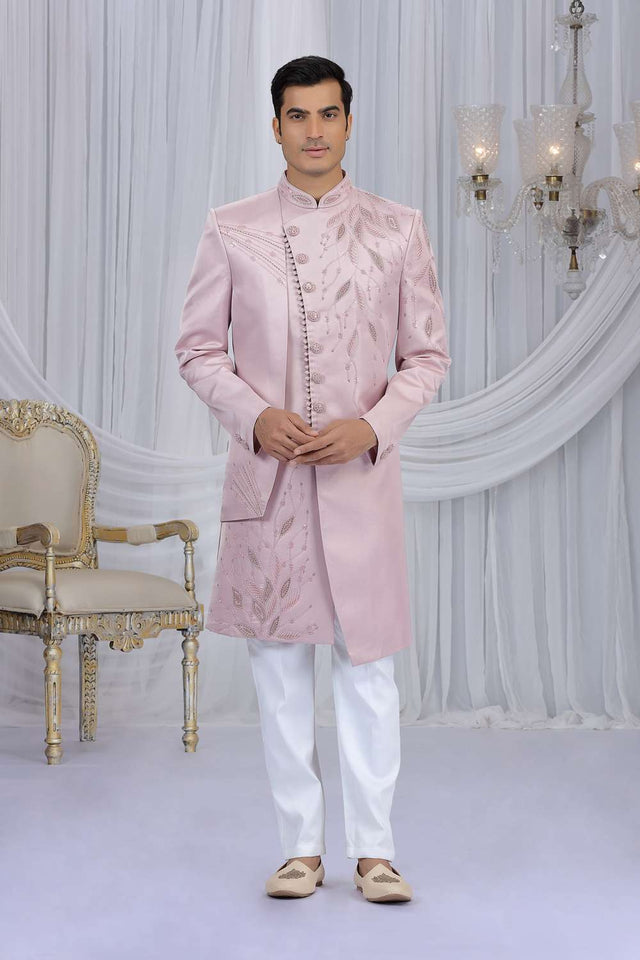 Men's Pink Embroidered Art Silk Sherwani Sets