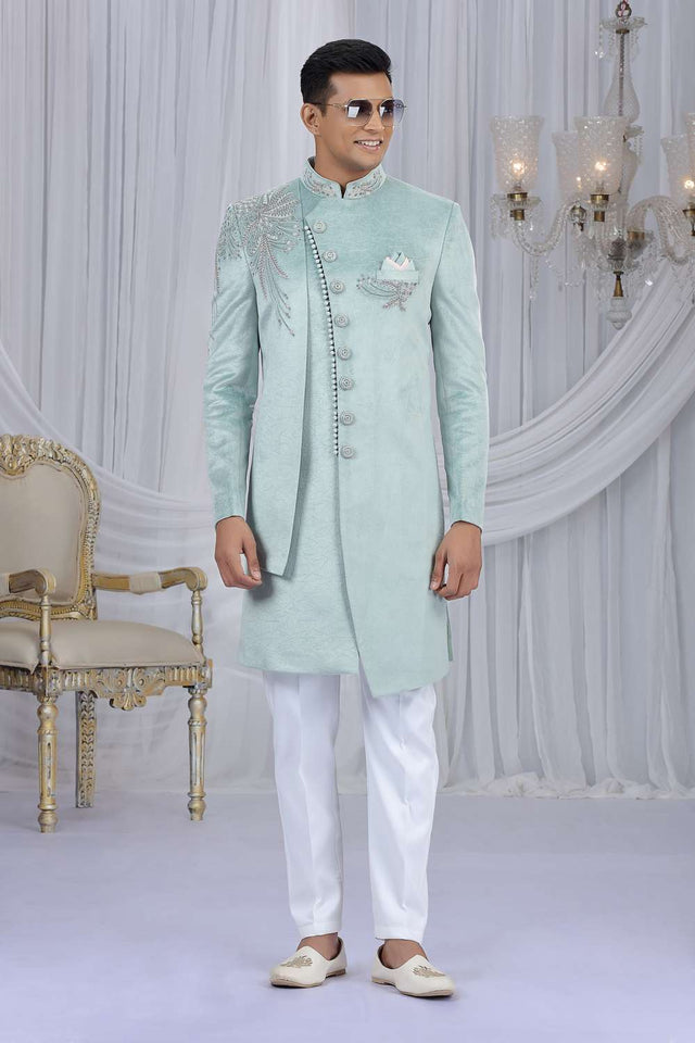 Men's Green Embroidered Velvet Sherwani Sets