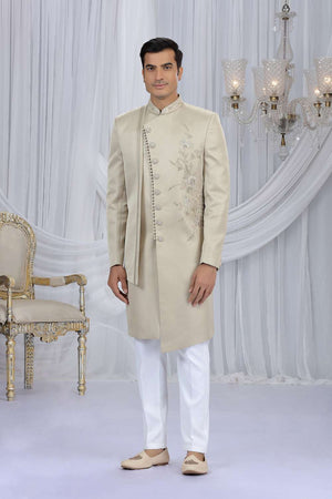 Men's Beige Embroidered Art Silk Sherwani Sets