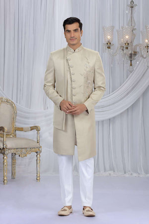 Men's Beige Embroidered Art Silk Sherwani Sets