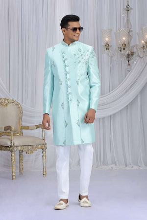 Men's Green Embroidered Art Silk Sherwani Sets