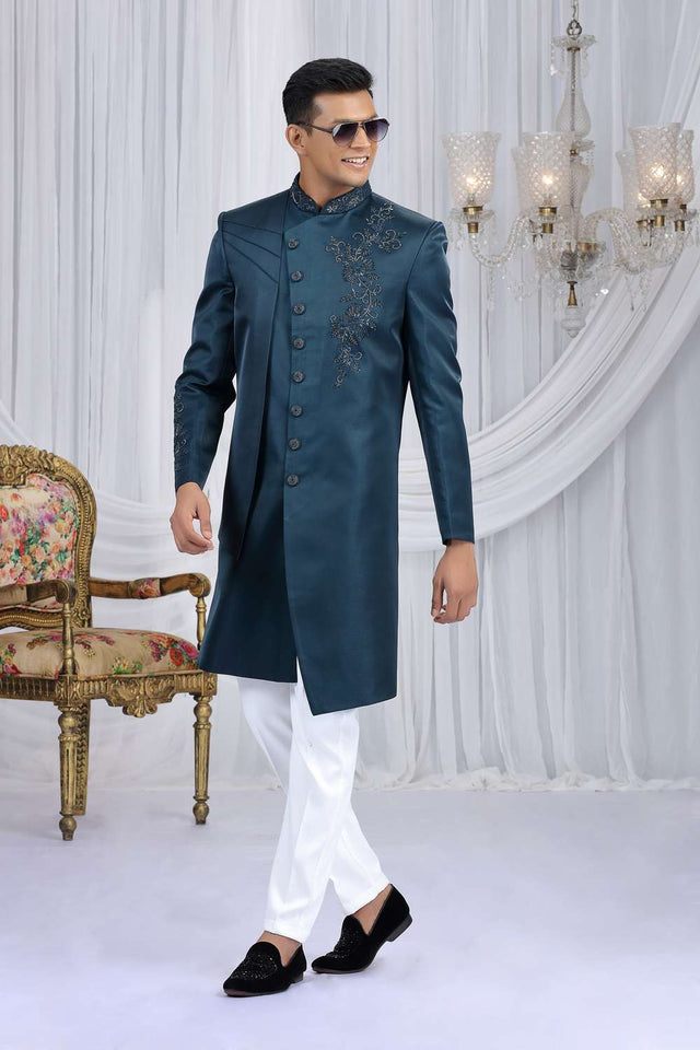 Men's Teal Blue Embroidered Art Silk Sherwani Sets