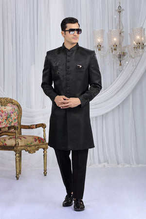 Men's Black Embroidered Art Silk Sherwani Sets