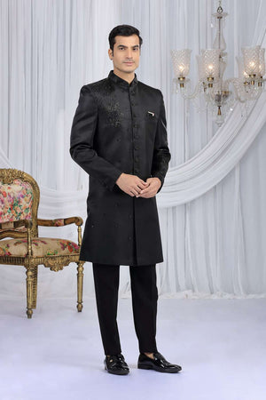 Men's Black Embroidered Art Silk Sherwani Sets