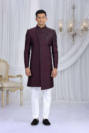 Men's Wine Embroidered Art Silk Sherwani Sets