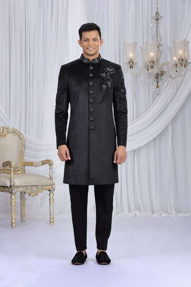 Men's Black Embroidered Velvet Sherwani Sets