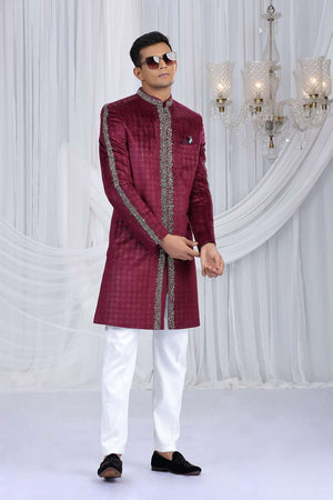 Men's Wine Embroidered Velvet Sherwani Sets