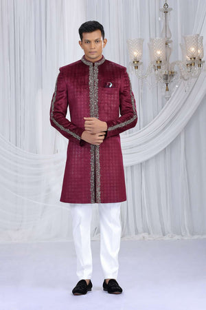Men's Wine Embroidered Velvet Sherwani Sets