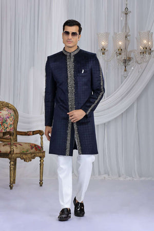 Men's Navy Blue Embroidered Velvet Sherwani Sets